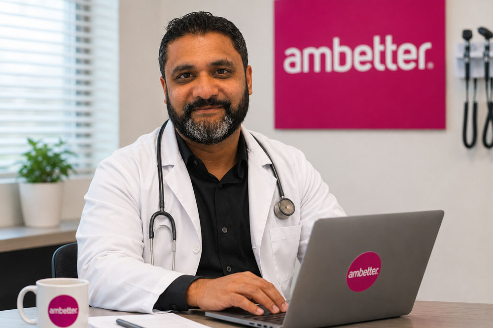 Ambetter doctors in Houston offer telemedicine and in‑office care, shown with branded laptop, mug, and consultation desk.