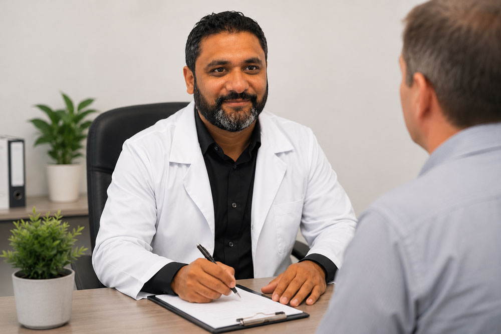 Ambetter doctors in Houston provide patient consultation with clipboard notes in professional healthcare office setting.