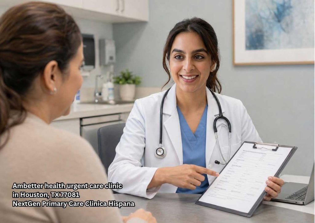 Doctor explains intake forms for a walk-in clinic Ambetter insurance Houston visit in a modern exam room setting