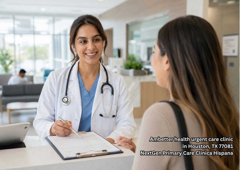Friendly doctor helps patient check in at a walk-in clinic Ambetter insurance Houston office for same-day care