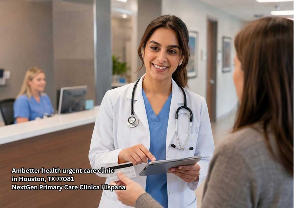 Friendly doctor reviews an insurance card at a walk-in clinic Ambetter insurance Houston front desk with patient