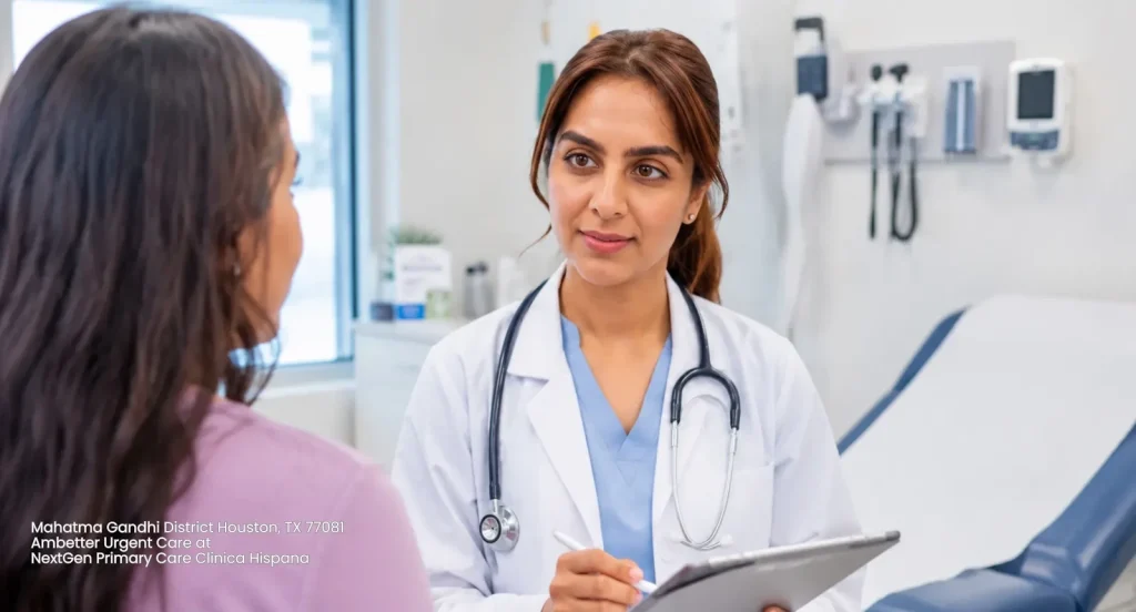 Doctor taking patient notes during consultation at Ambetter urgent care Houston NextGen Primary Care Clinica Hispana clinic. 