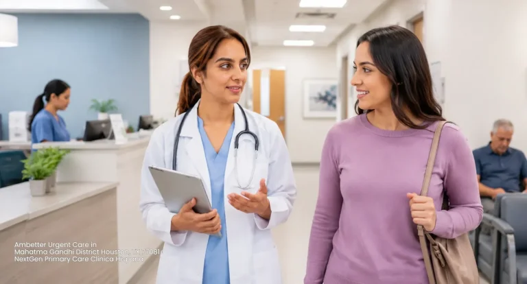 Doctor walking and speaking with a patient down the hallway at Ambetter urgent care Houston NextGen Primary Care clinic.