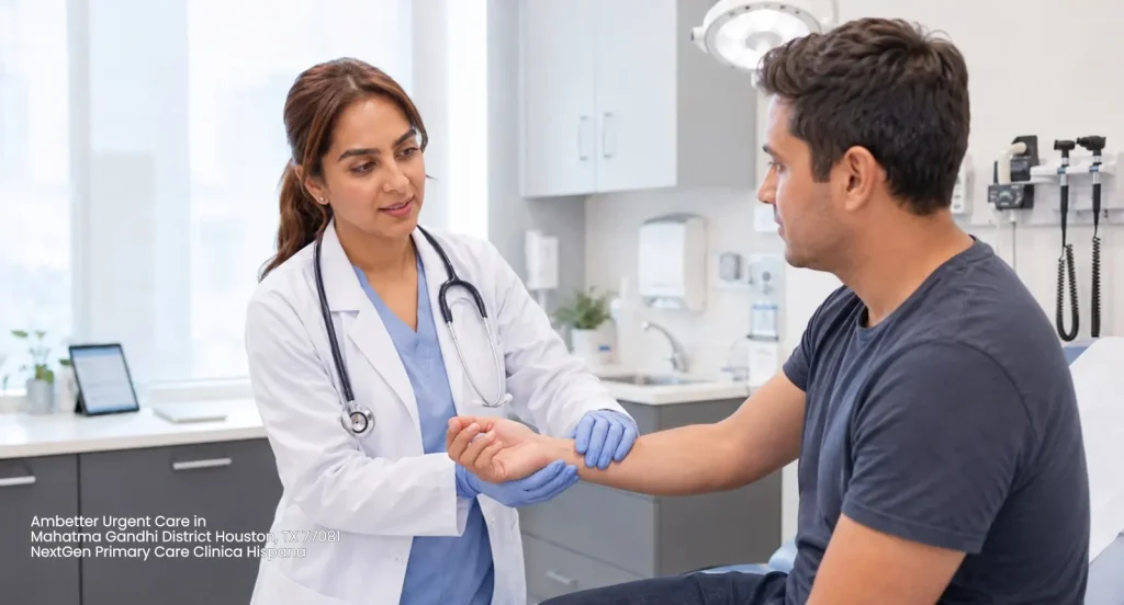 Female doctor examining a patient's wrist at Ambetter urgent care Houston NextGen Primary Care in Mahatma Gandhi District. 