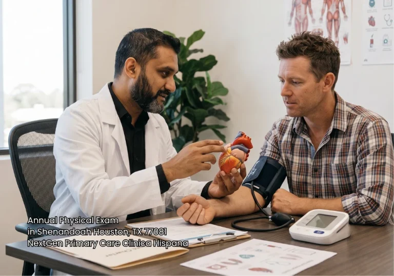 Doctor holding a heart model during an annual physical exam with a male patient at an office clinic.