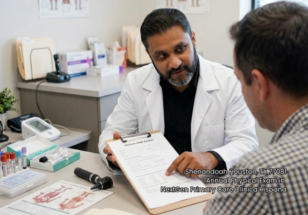 Doctor pointing to a medical checklist while discussing annual physical exam results with a male patient.