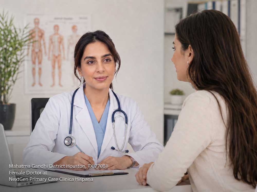 Experienced female doctor at her desk in Houston listening closely and writing notes during a patient consult.