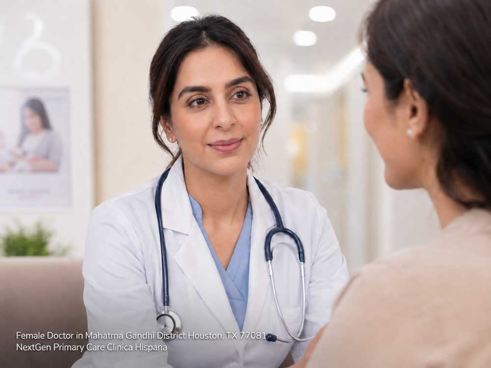 A caring female doctor in Houston smiles warmly while consulting with her female patient during a clinic visit.