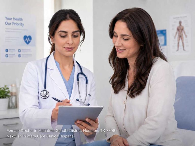 A professional female doctor in a lab coat shows medical results on a tablet to her patient at a Houston clinic.