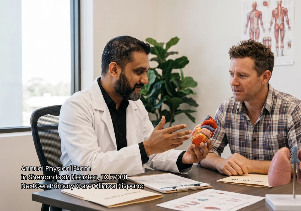 Physician using an anatomical model to explain heart health during a patient's annual physical exam.