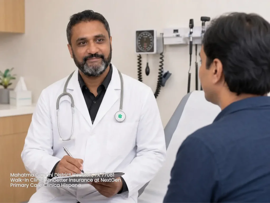 Doctor consulting a patient at a walk-in clinic accepting Ambetter insurance in Houston, providing quality primary care.
