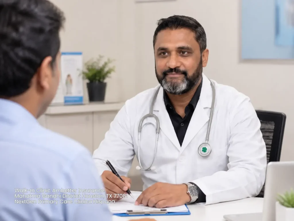 Friendly physician reviewing health options at a Houston walk-in clinic accepting Ambetter insurance for patients.