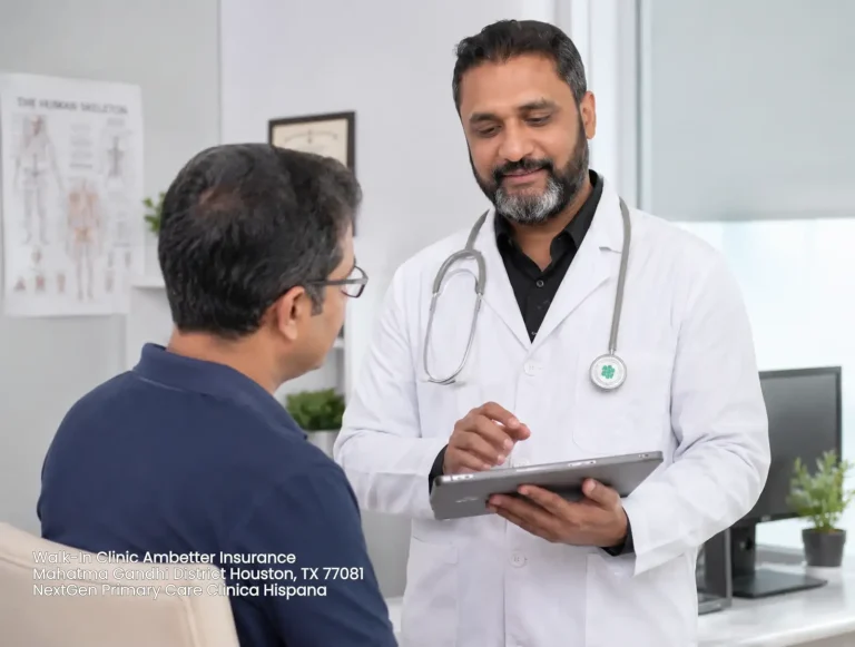 Primary care doctor discussing medical results at a walk-in clinic taking Ambetter insurance in Houston, TX area.