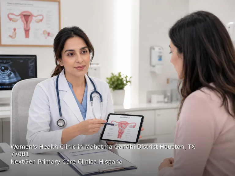 Doctor at a women's health clinic in Houston, TX 77081 shows a reproductive system diagram to a patient on a tablet.