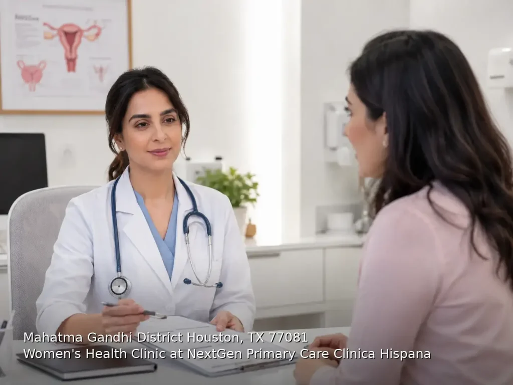 A doctor consults with a patient at a women's health clinic in Houston, TX 77081 NextGen Primary Care Clinica Hispana.