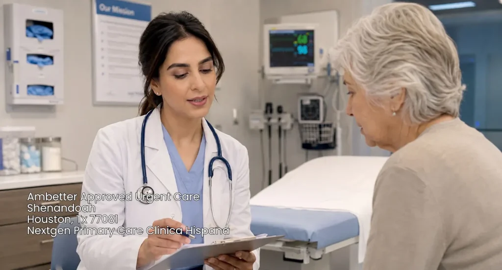 Doctor reviewing medical charts with a patient at an Ambetter approved urgent care Houston clinic in 77081.
