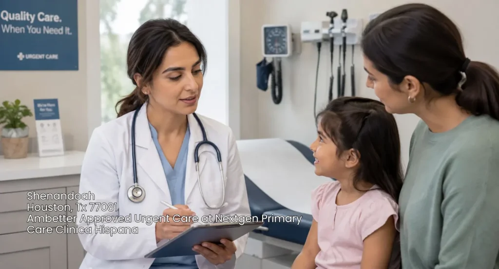 Female doctor providing pediatric consultation at an Ambetter approved urgent care Houston location in 77081.