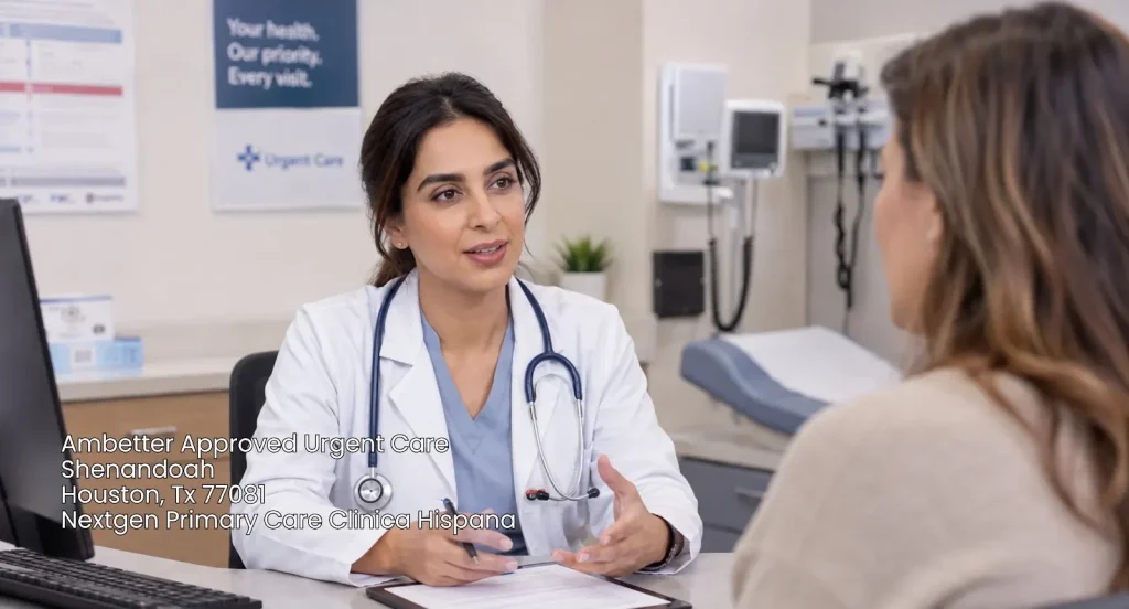 Female doctor discussing care options at an Ambetter approved urgent care Houston clinic at Nextgen Primary Care.
