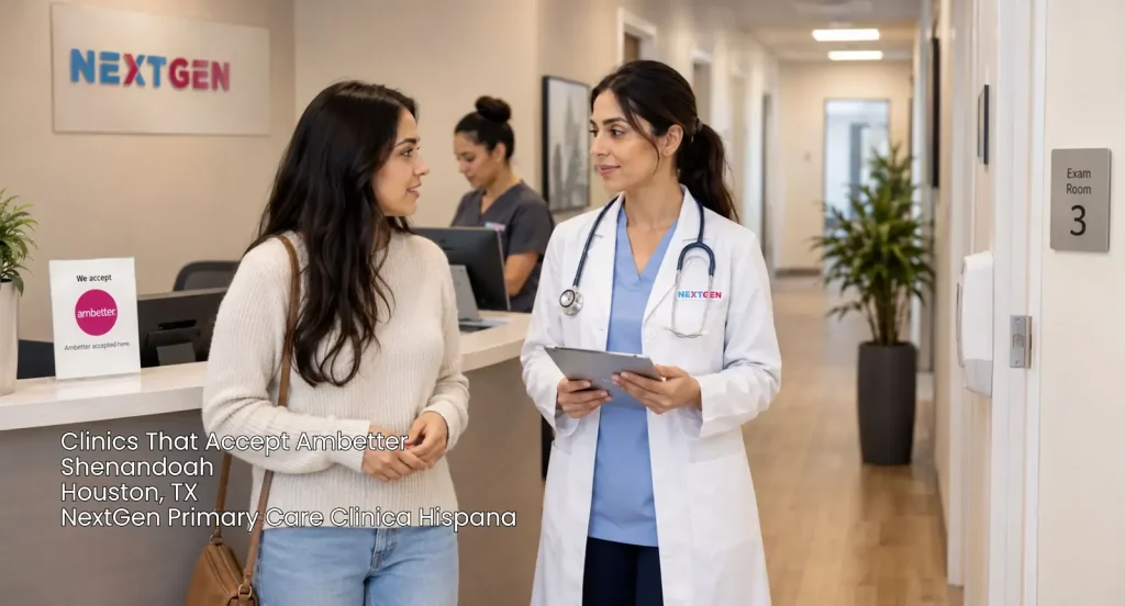 Patient walking with a physician inside NextGen, trusted clinics that accept Ambetter in Houston exam room hall.
