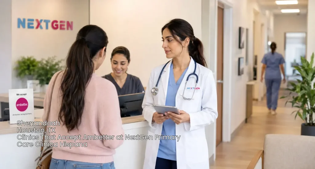 Patient checking in at NextGen, one of the top clinics that accept Ambetter in Houston, with doctor and staff.