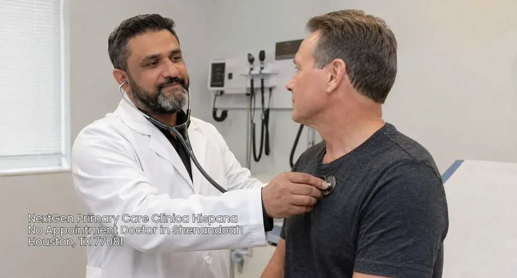 A physician using a stethoscope to examine a male patient's heart during a walk-in visit with a no appointment doctor in Houston.