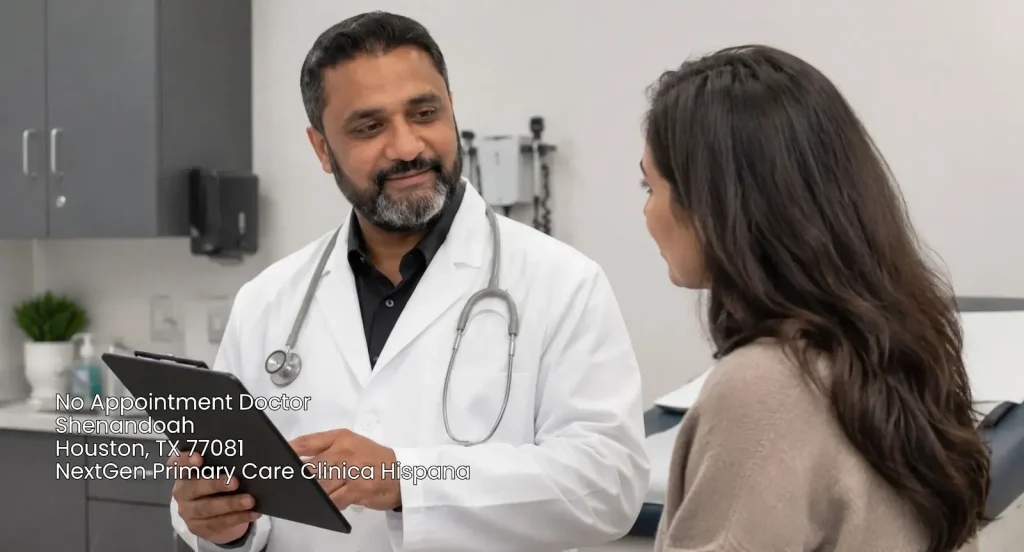 A doctor reviewing a chart during a consultation with a female patient at a no appointment doctor office in Houston. 
