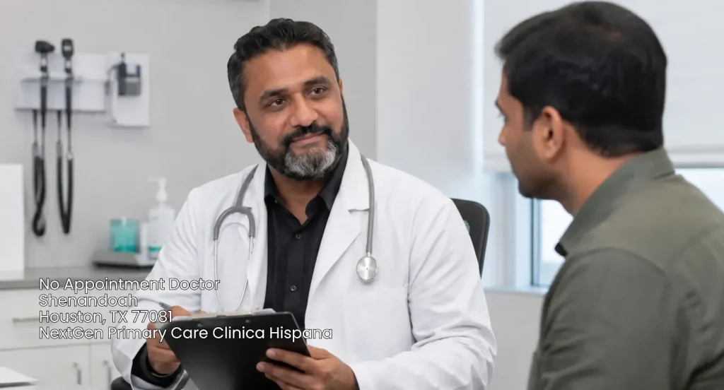 A male primary care physician discussing medical records with a patient at a no appointment doctor clinic in Houston, TX.