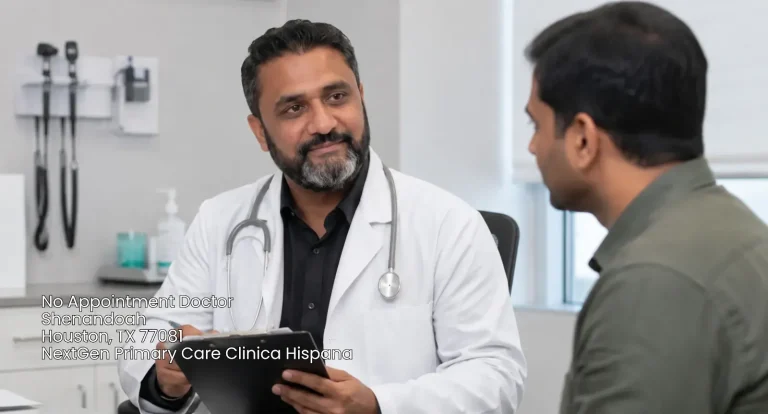 A male primary care physician discussing medical records with a patient at a no appointment doctor clinic in Houston, TX.