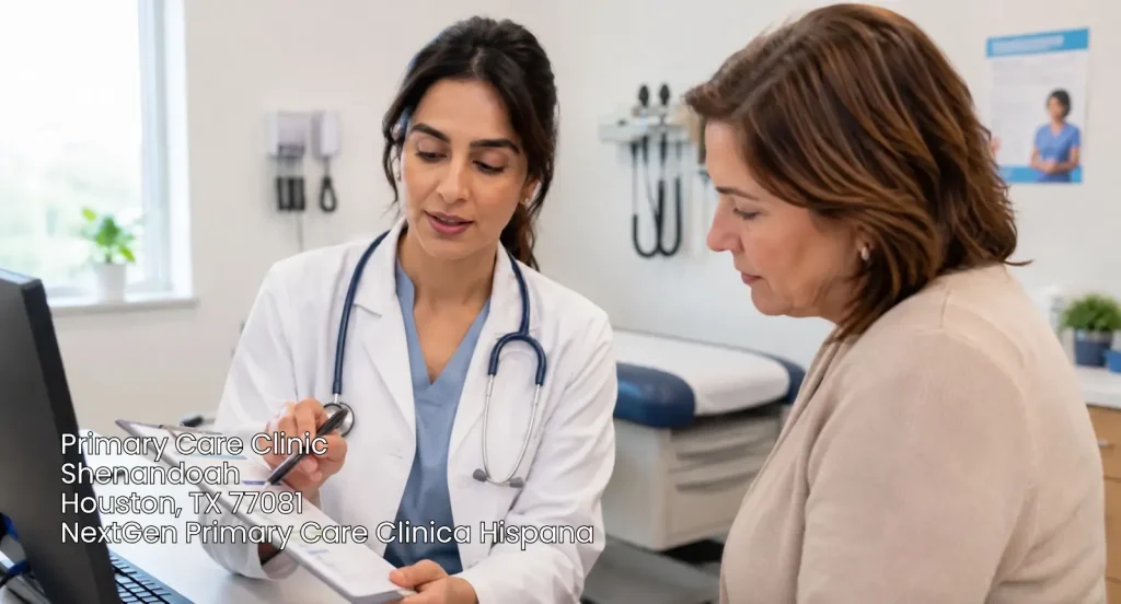 Female doctor reviewing patient records on a clipboard at a primary care clinic Houston in the Shenandoah area.