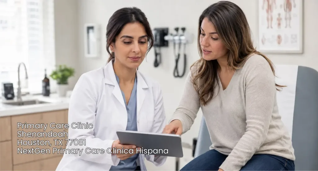 FemaleFemale physician discussing treatment plans on a tablet with a patient at a primary care clinic Houston location. physician discussing treatment plans on a tablet with a patient at a primary care clinic Houston location.
