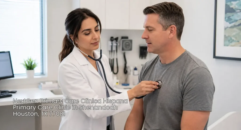 Doctor conducting a routine chest exam using a stethoscope on a male patient at a primary care clinic Houston site. 