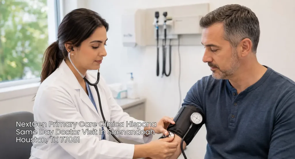 A female doctor checking blood pressure for a male patient during a routine same day doctor visit Houston appointment.