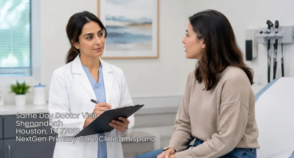 A female physician reviewing medical history with a patient on a clipboard during a same day doctor visit Houston.