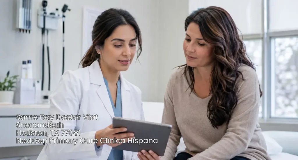 A physician reviewing digital medical charts on a tablet during a same day doctor visit Houston patient consultation.