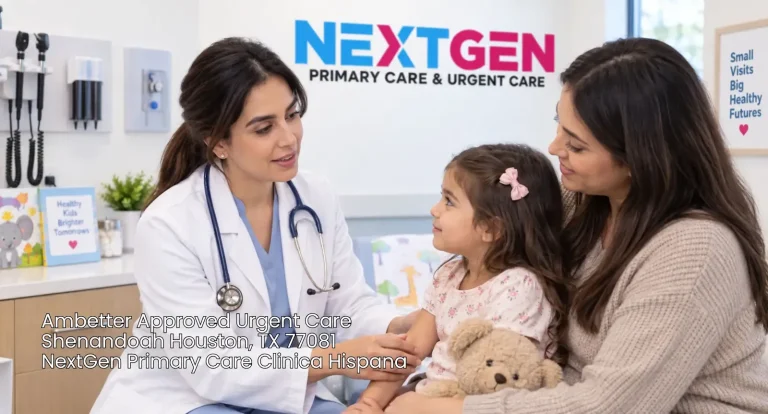Female doctor examining a young child at NextGen Primary Care, an Ambetter approved urgent care clinic in Houston, TX.