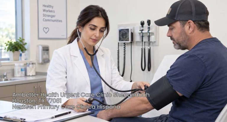 Physician checking a patient's blood pressure during a exam at Ambetter Health Urgent Care Clinic Shenandoah.