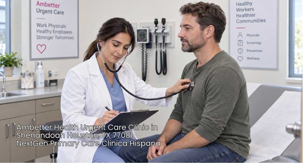 Doctor using a stethoscope to examine a patient's chest at Ambetter Health Urgent Care Clinic in Shenandoah.