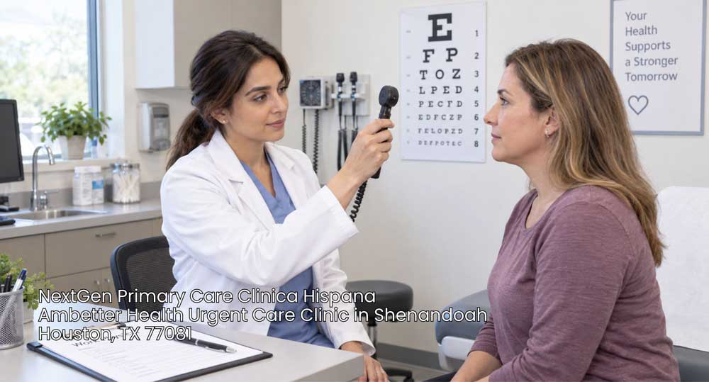 Doctor examining a patient's ear with an otoscope at Ambetter Health Urgent Care Clinic near Shenandoah Houston.