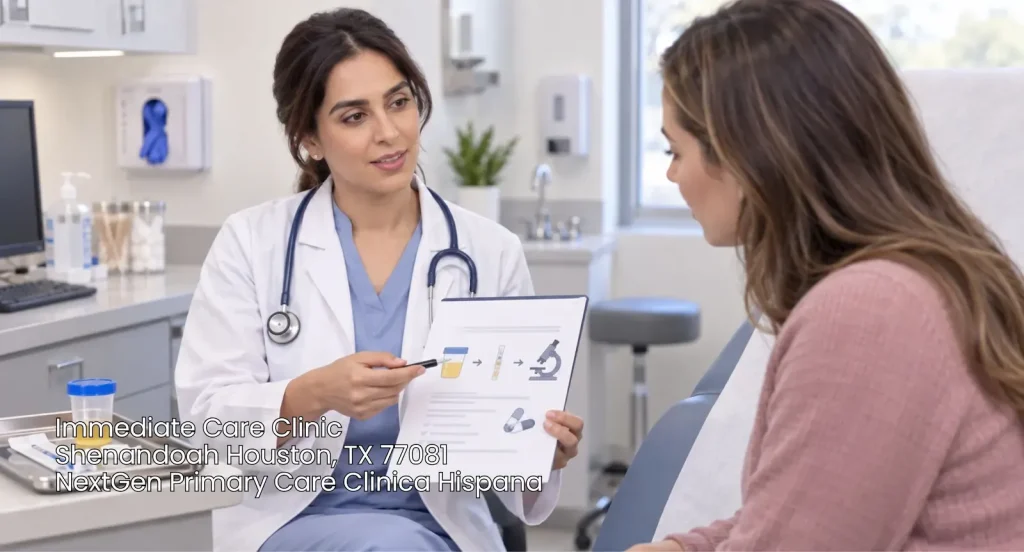 Medical consultation explaining lab diagnosis for fast UTI treatment at our immediate care clinic Houston facility.