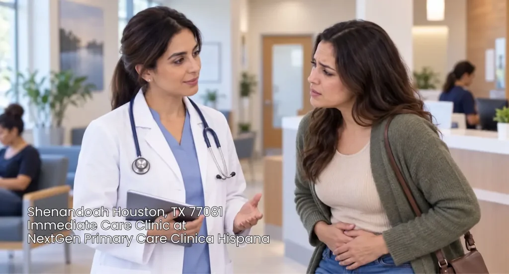 Patient discussing severe abdominal discomfort with doctor at NextGen immediate care clinic Houston location.