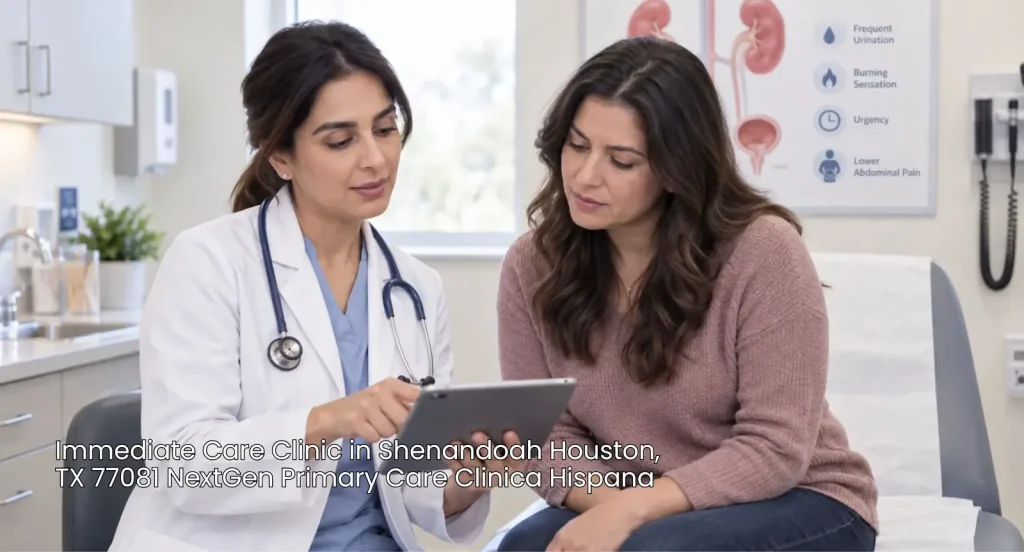 Female physician reviewing symptom checklist on tablet with patient at NextGen immediate care clinic Houston Texas.