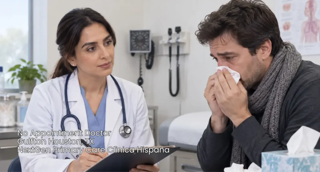 No appointment doctor consulting a male patient with cold symptoms at NextGen Primary Care Clinica Hispana in Houston TX.