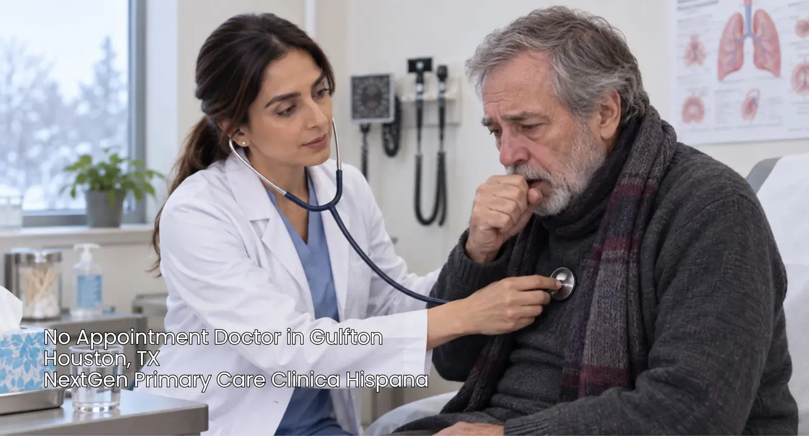 No appointment doctor using a stethoscope on an elderly coughing patient at NextGen Primary Care Clinica Hispana Houston 
