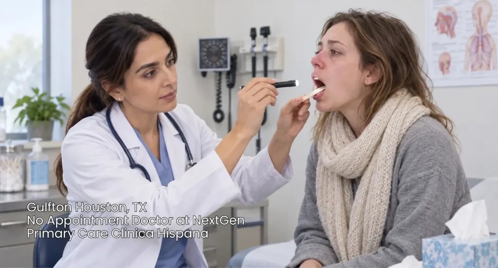 No appointment doctor examining a patient's throat with a light at NextGen Primary Care Clinica Hispana in Houston TX.